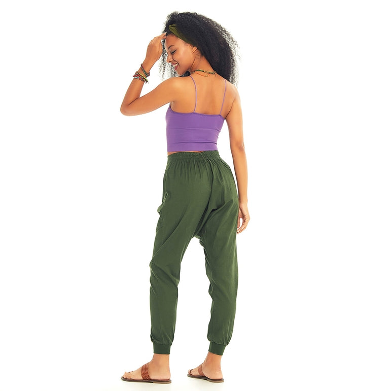 Elastic Ankle Cuffs Wrap Front Baggy Green Harem Pants