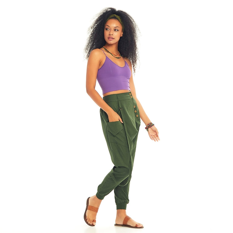 Elastic Ankle Cuffs Wrap Front Baggy Green Harem Pants