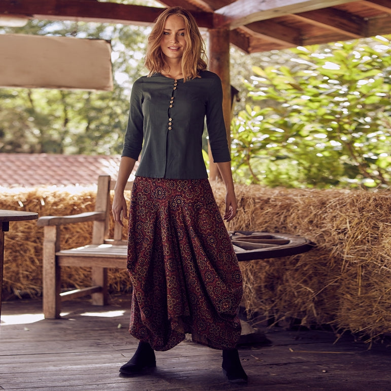 Retro Print Oversized Pocket Long Boho Skirt