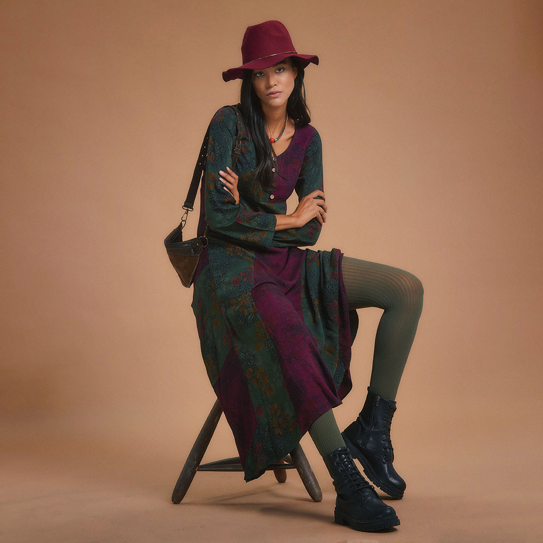 Ethnic Patterned Long Sleeve Winter Patch Dress
