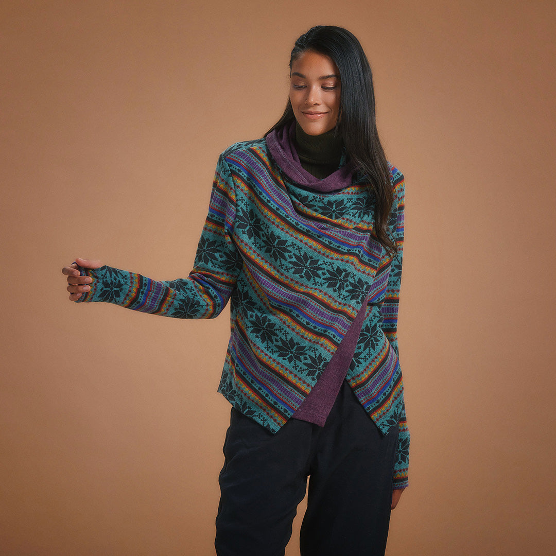 Boho Style Thumbhole Blue Rug Patterned Cardigan Top