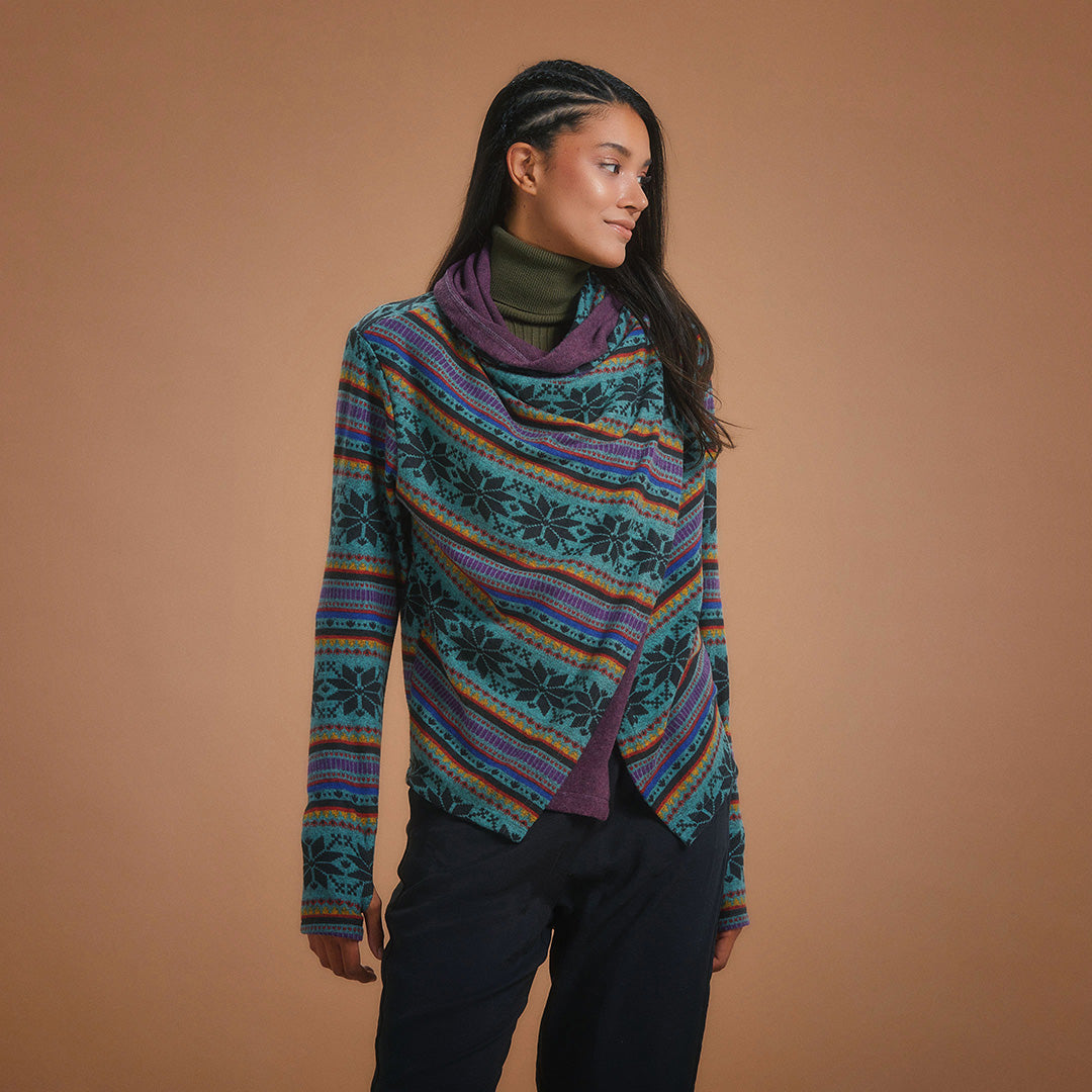Boho Style Thumbhole Blue Rug Patterned Cardigan Top