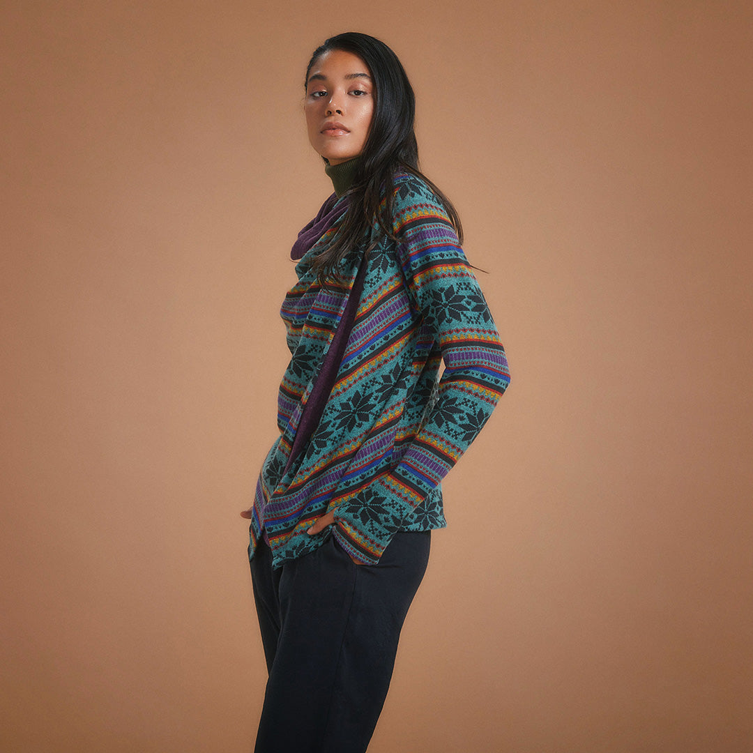 Boho Style Thumbhole Blue Rug Patterned Cardigan Top