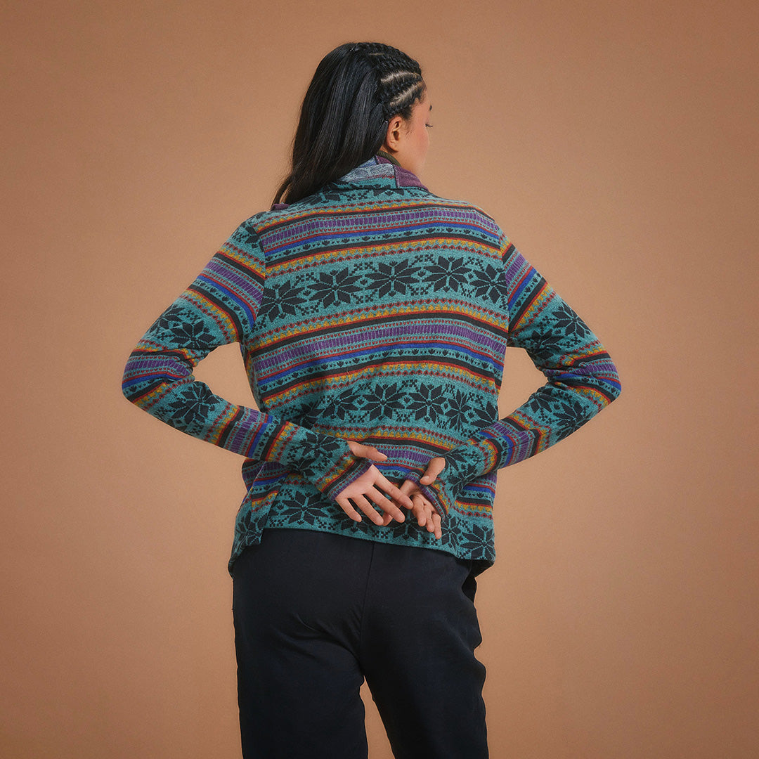 Boho Style Thumbhole Blue Rug Patterned Cardigan Top
