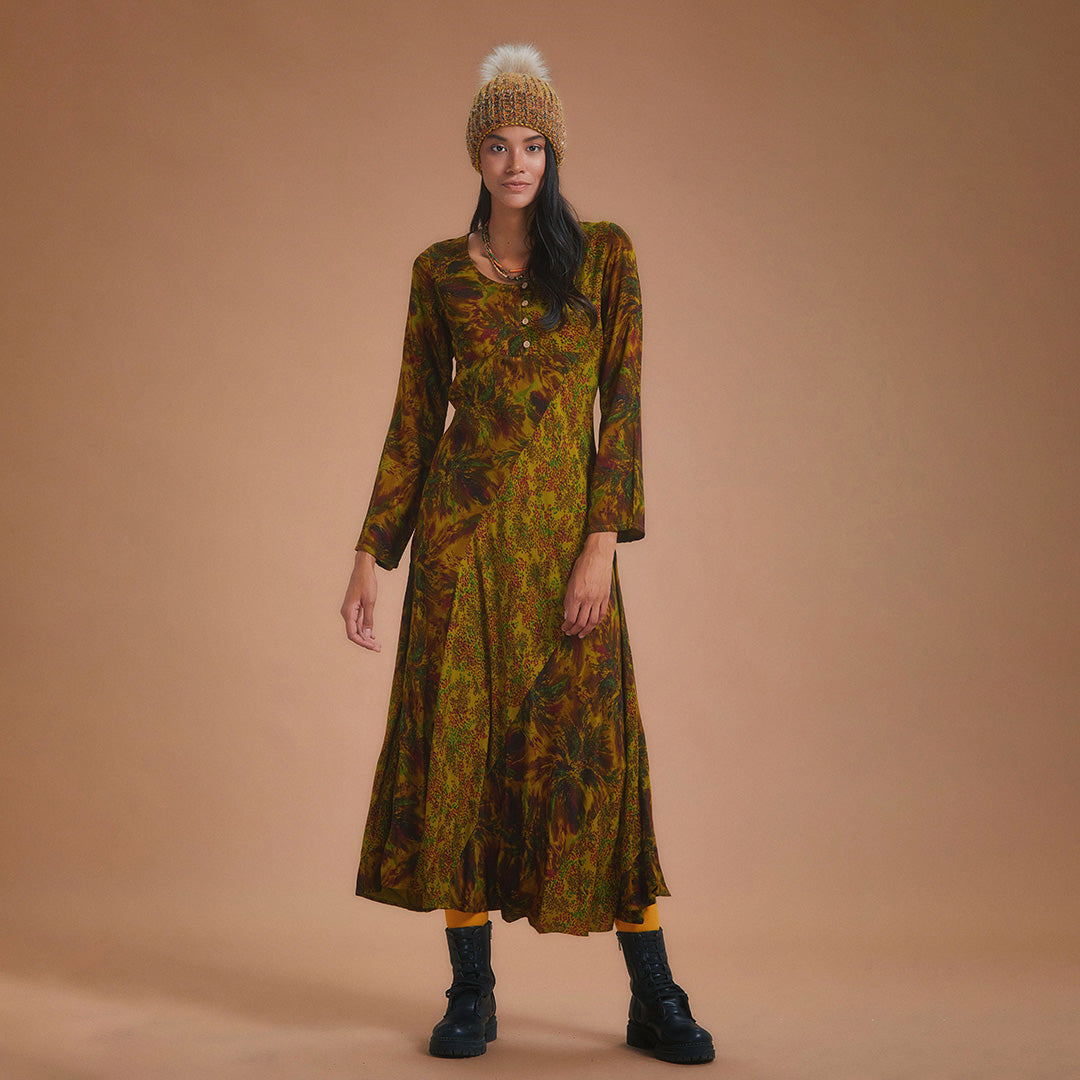 Green Patterned Long Sleeve Winter Patch Dress