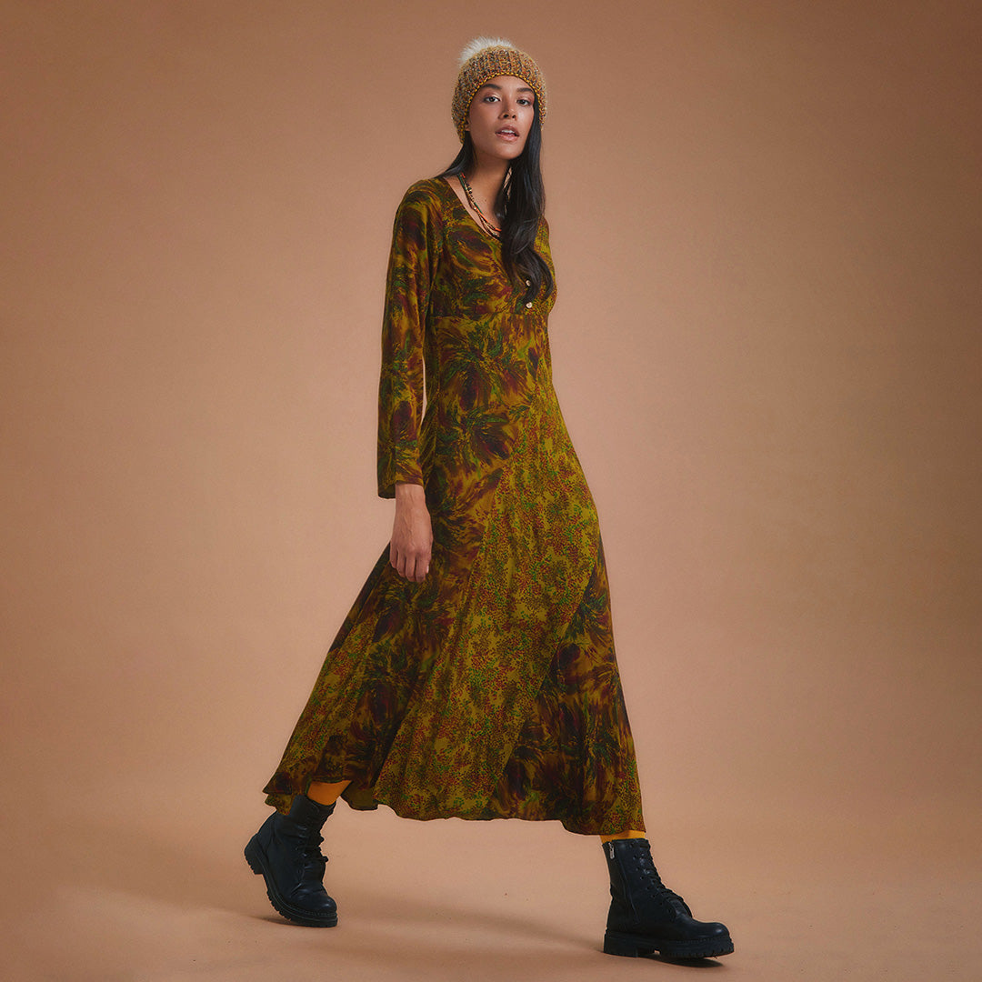 Green Patterned Long Sleeve Winter Patch Dress