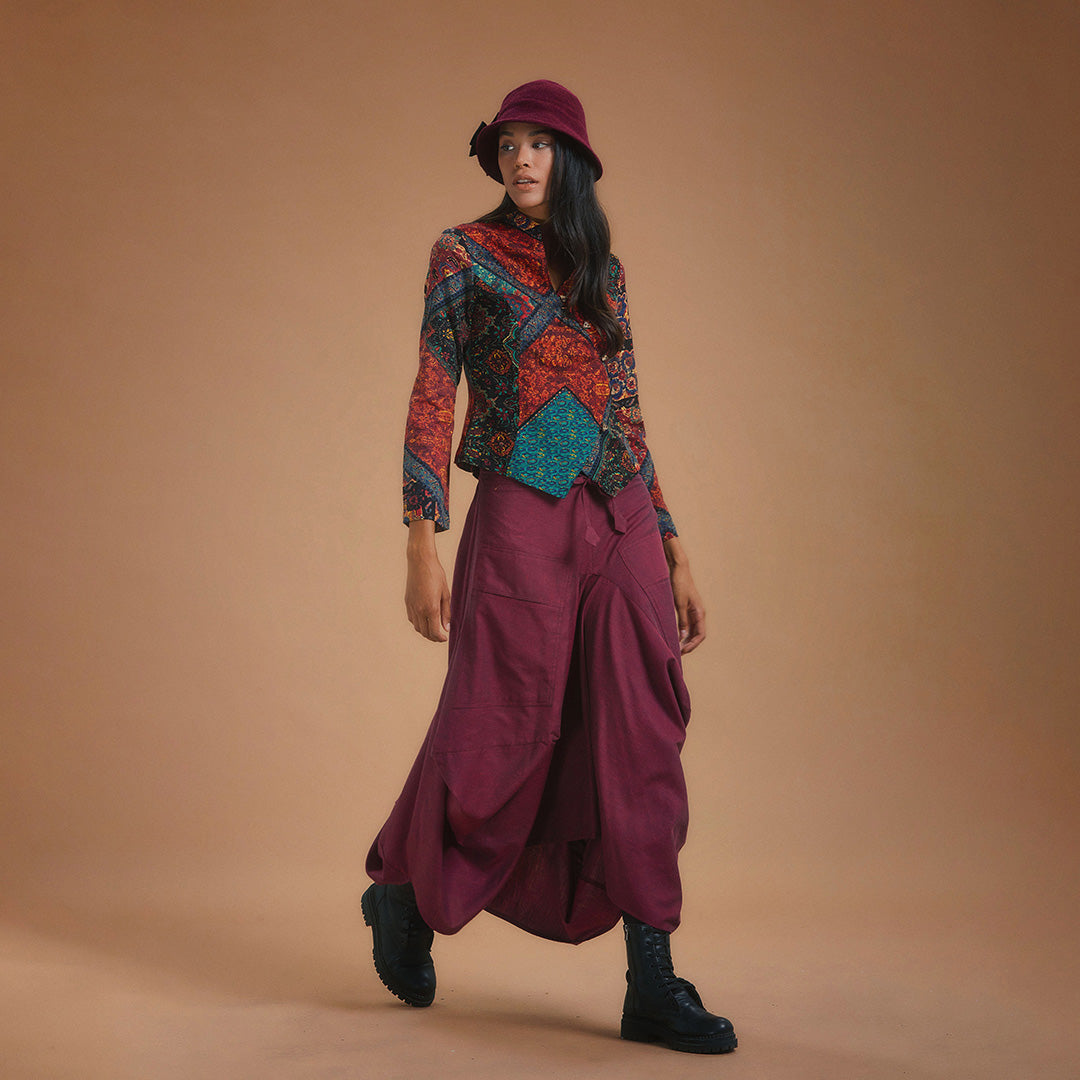 Maroon Oversized Pocket Long Boho Skirt