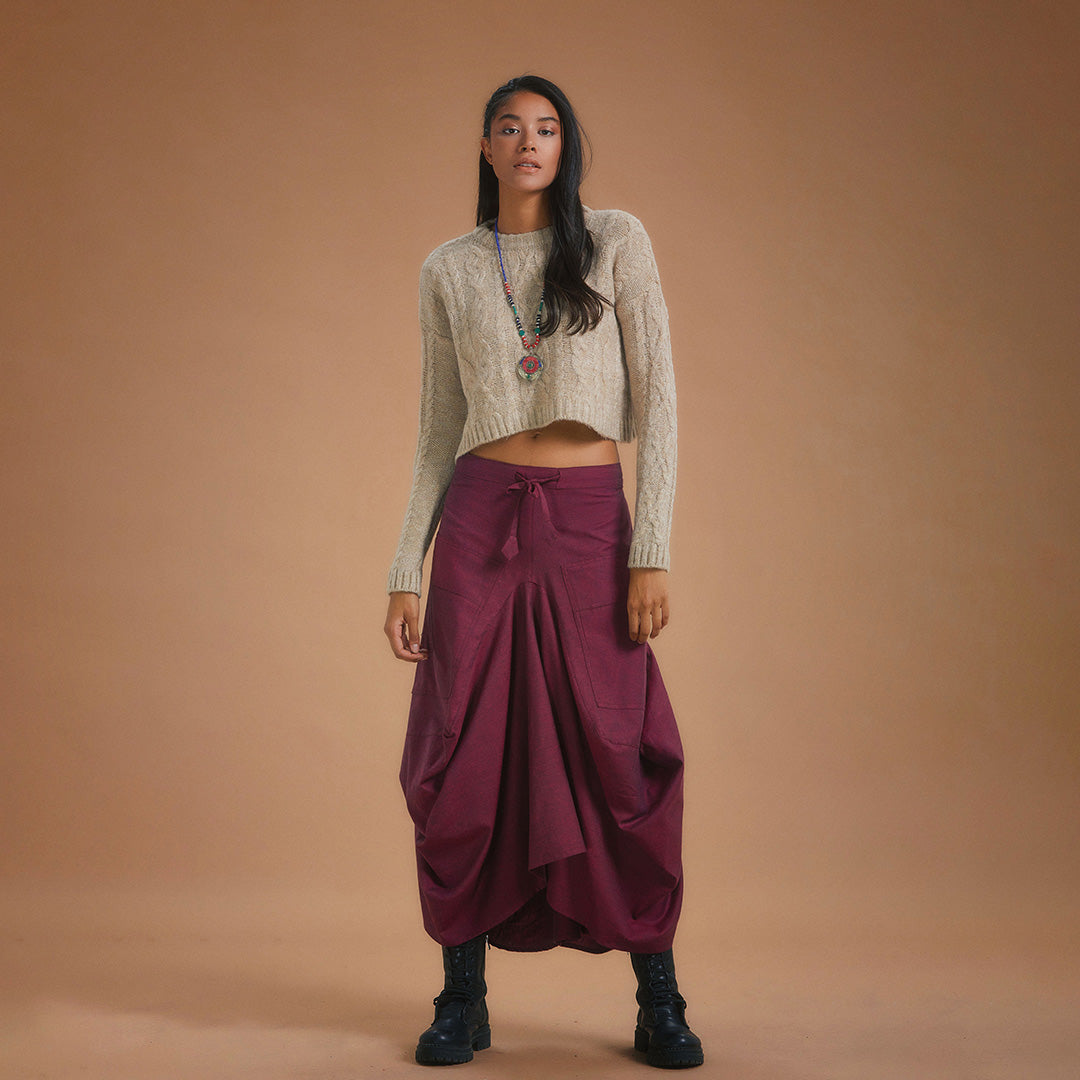 Maroon Oversized Pocket Long Boho Skirt