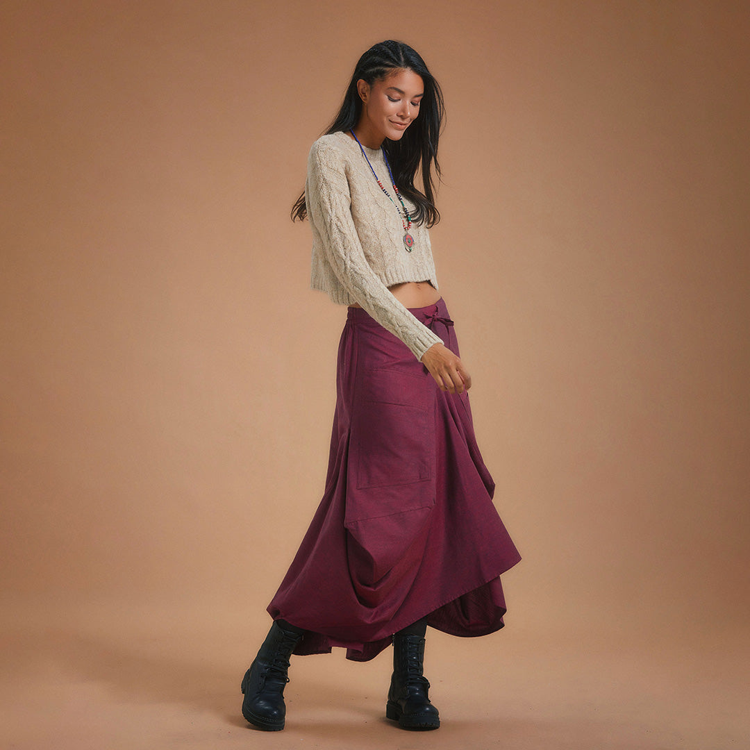 Maroon Oversized Pocket Long Boho Skirt