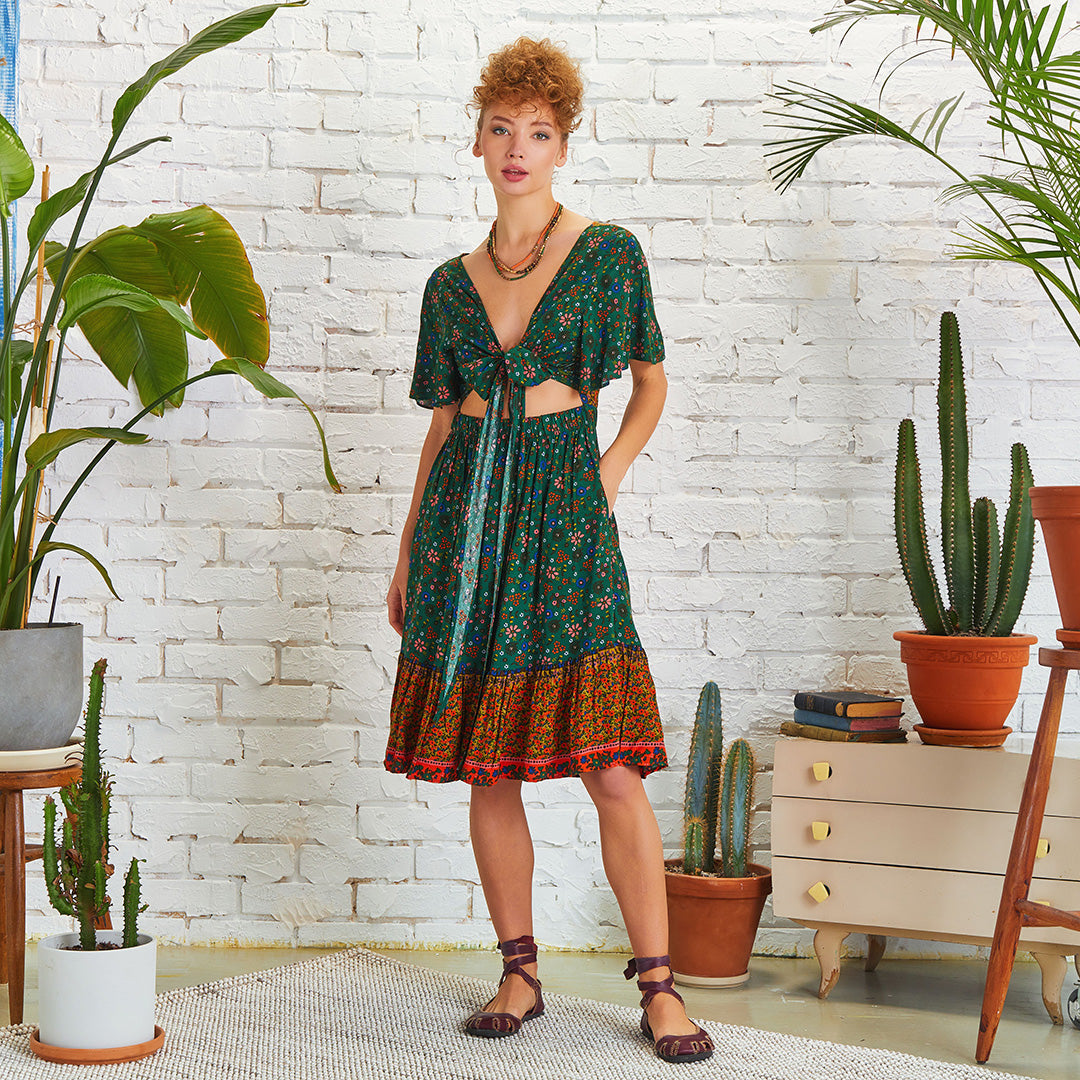 Border Hem Detail Tie Front Green Floral Summer Dress