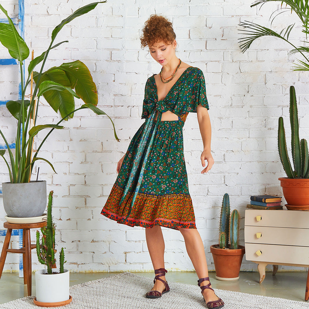 Border Hem Detail Tie Front Green Floral Summer Dress