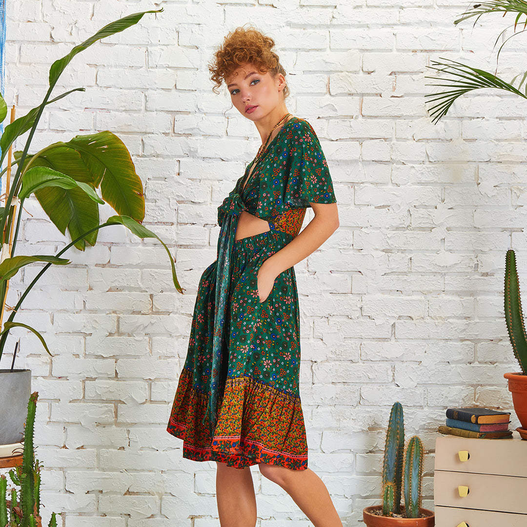 Border Hem Detail Tie Front Green Floral Summer Dress