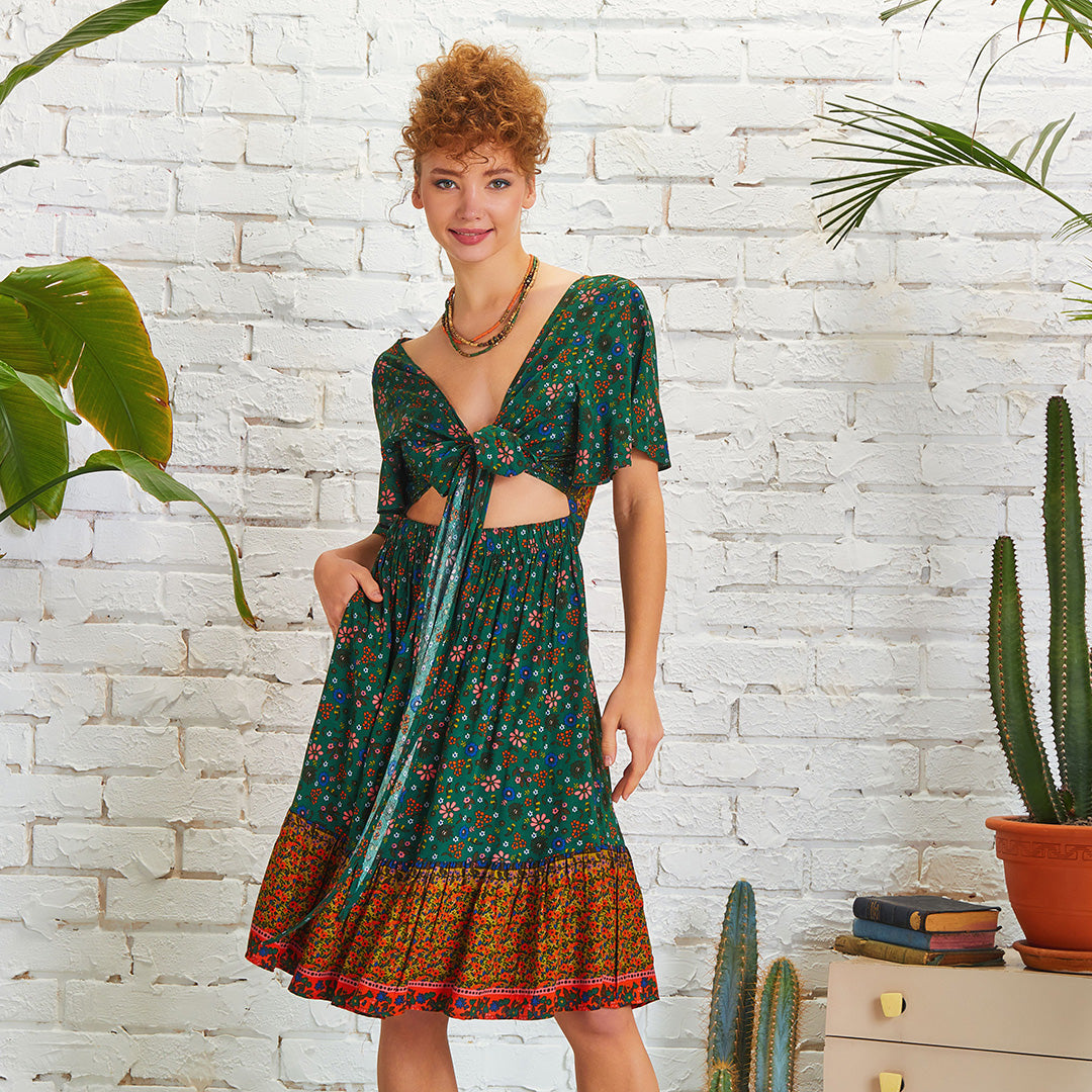 Border Hem Detail Tie Front Green Floral Summer Dress