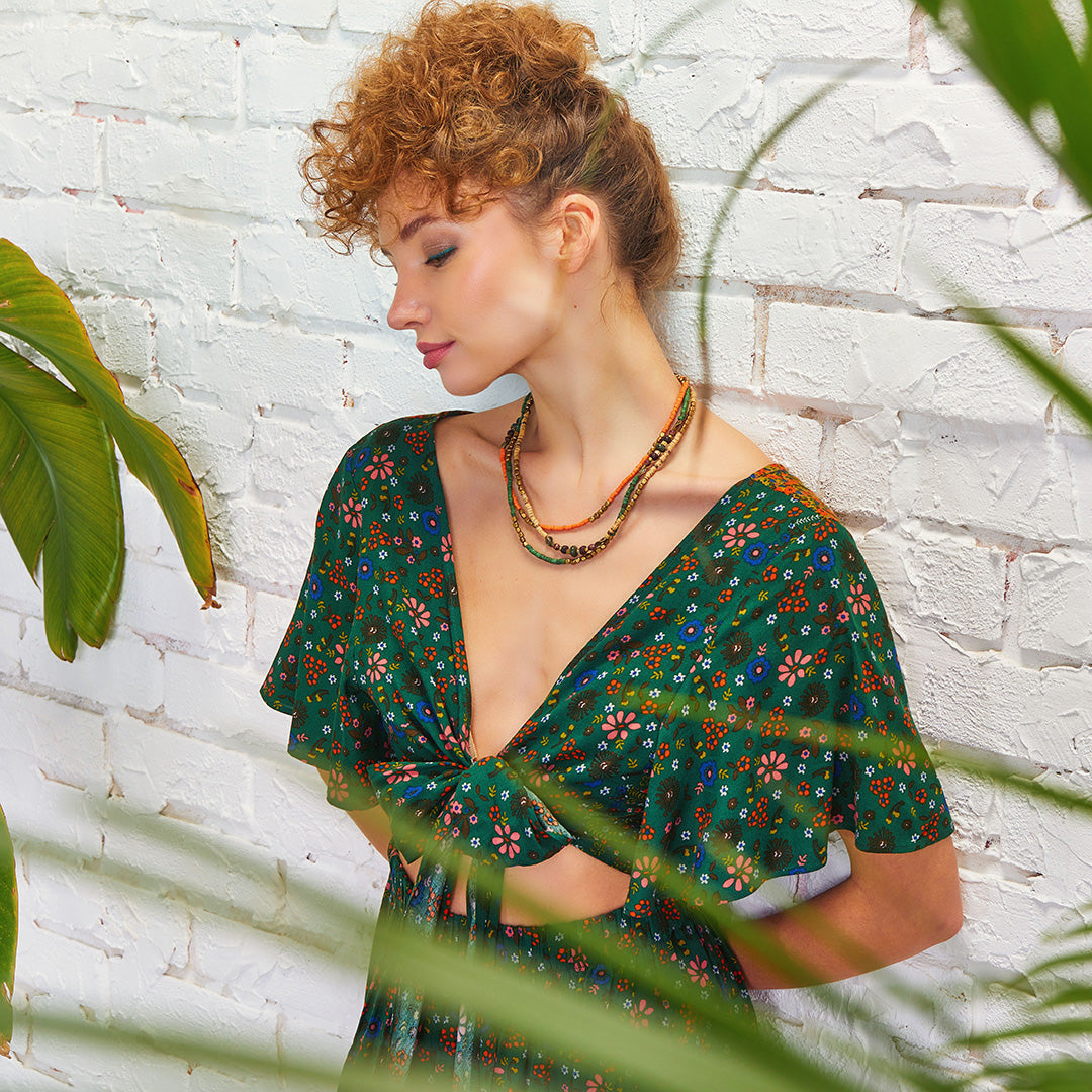 Border Hem Detail Tie Front Green Floral Summer Dress