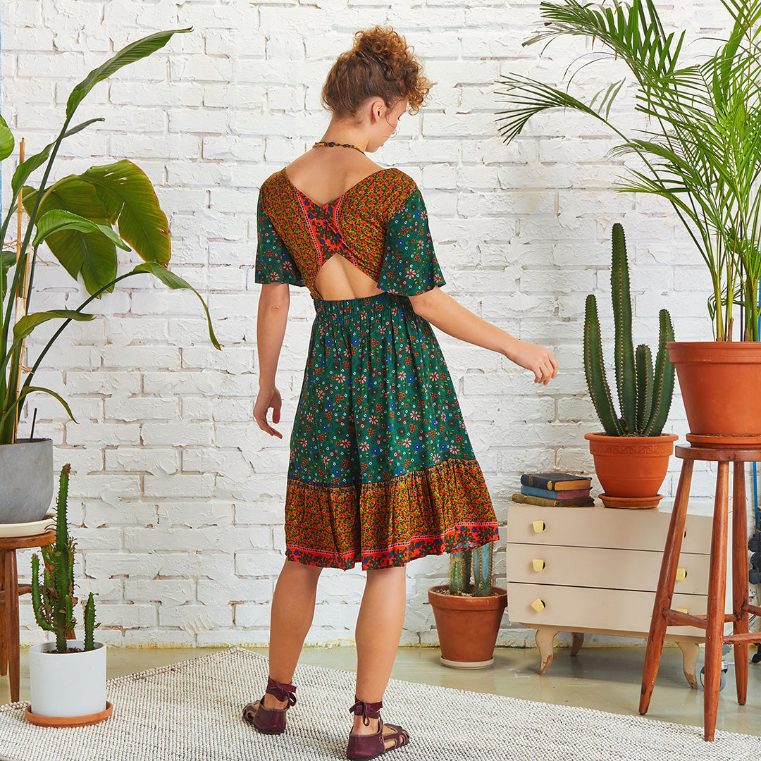 Border Hem Detail Tie Front Green Floral Summer Dress