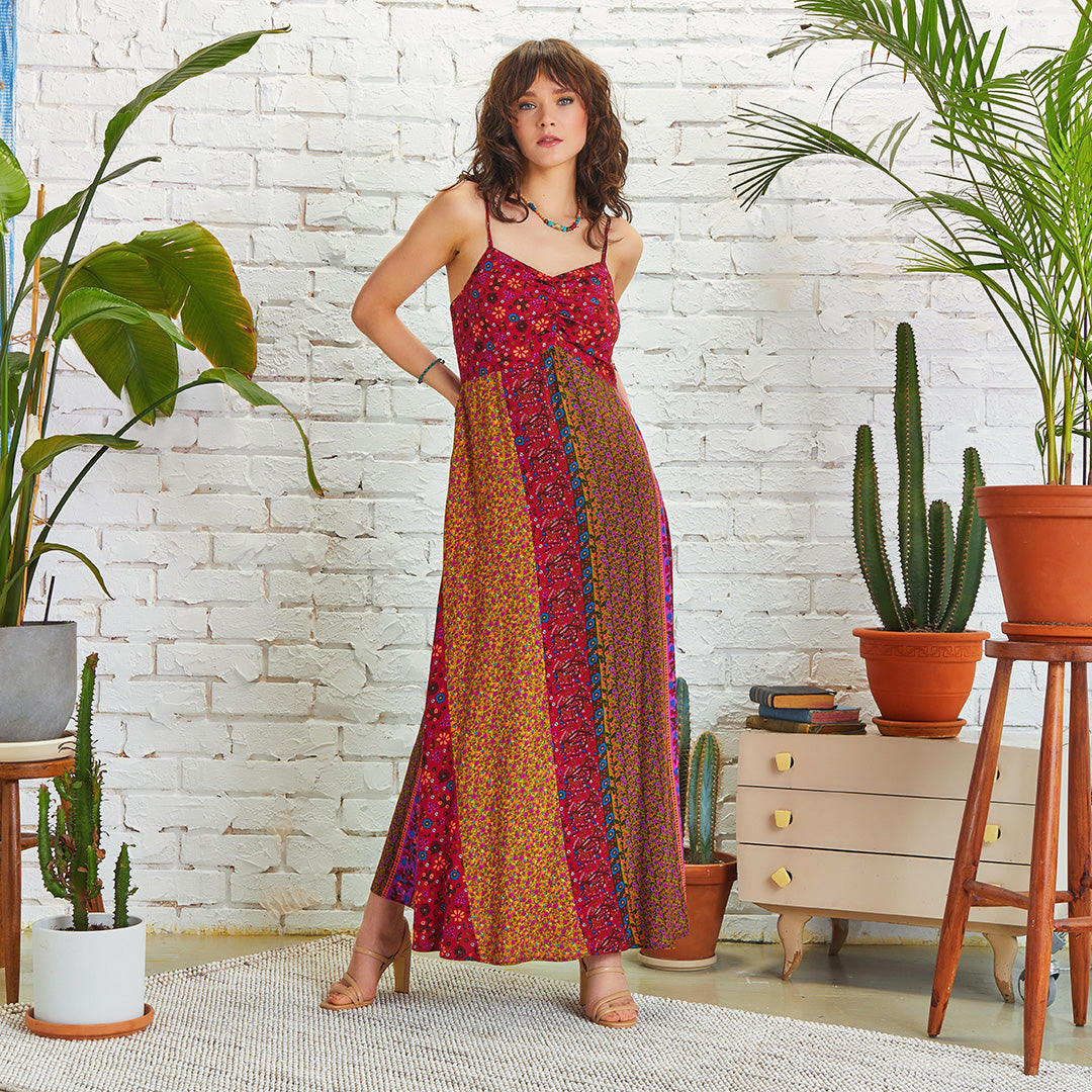 Strappy Floral Print Patchwork Maxi Dress