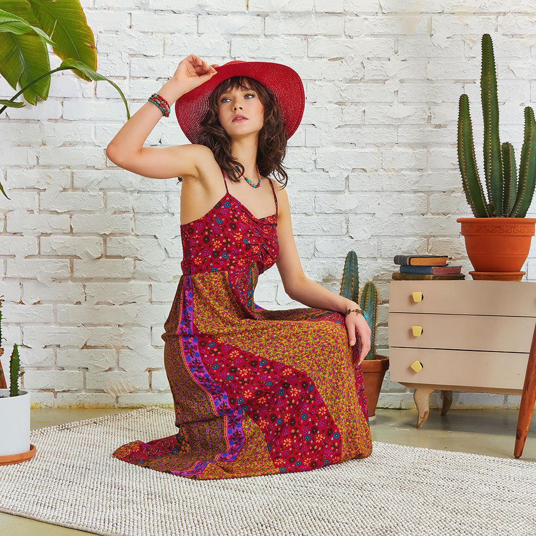 Strappy Floral Print Patchwork Maxi Dress