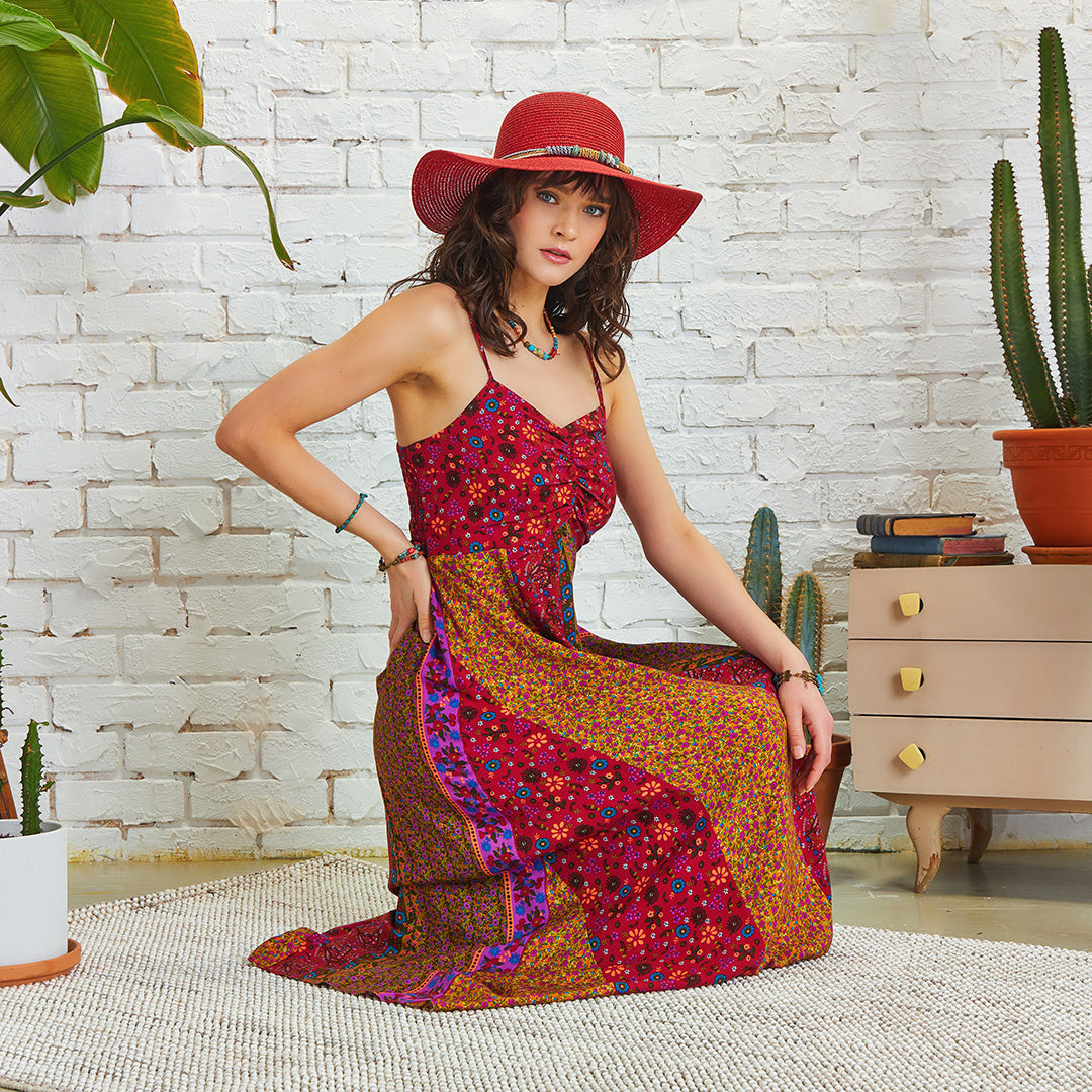 Strappy Floral Print Patchwork Maxi Dress