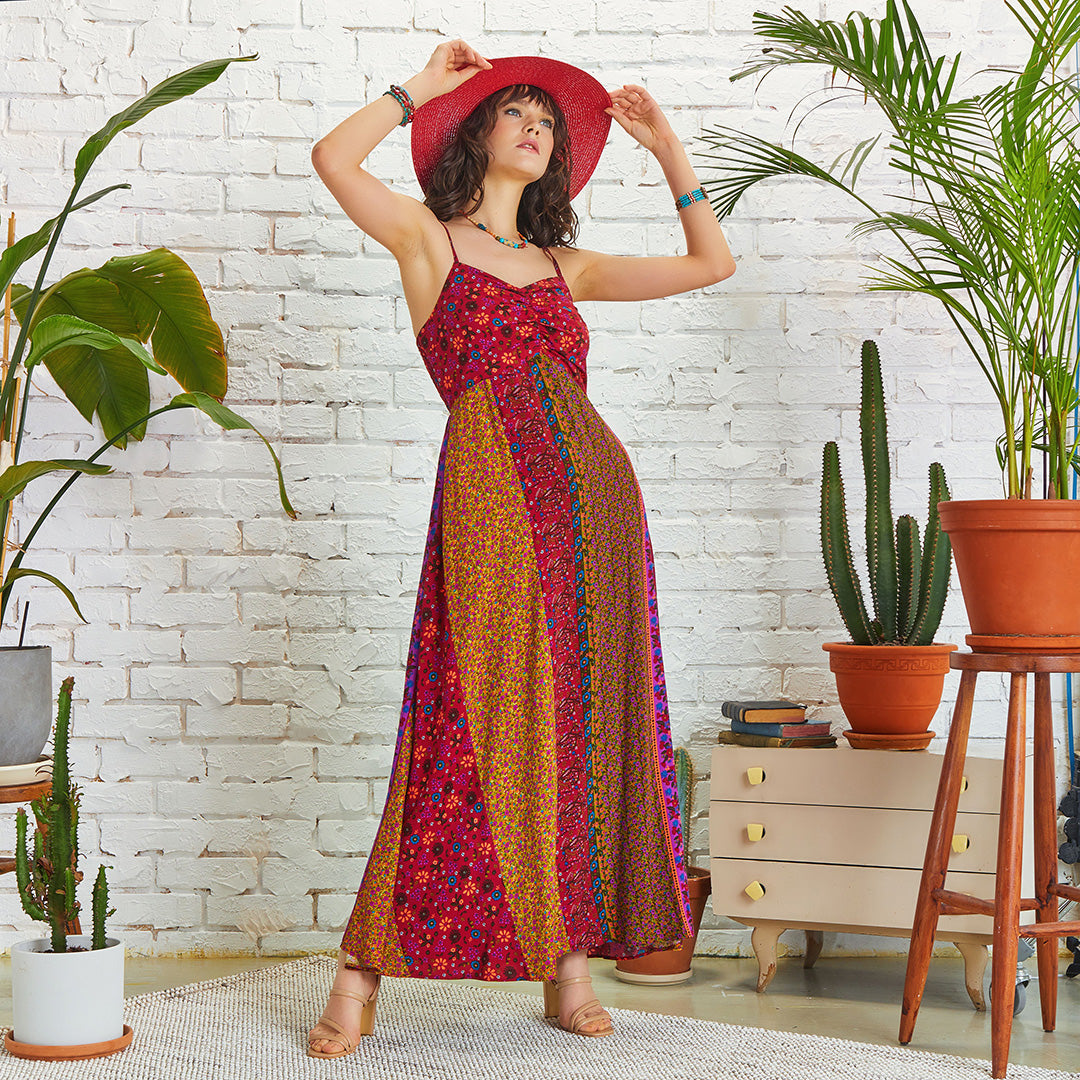 Strappy Floral Print Patchwork Maxi Dress