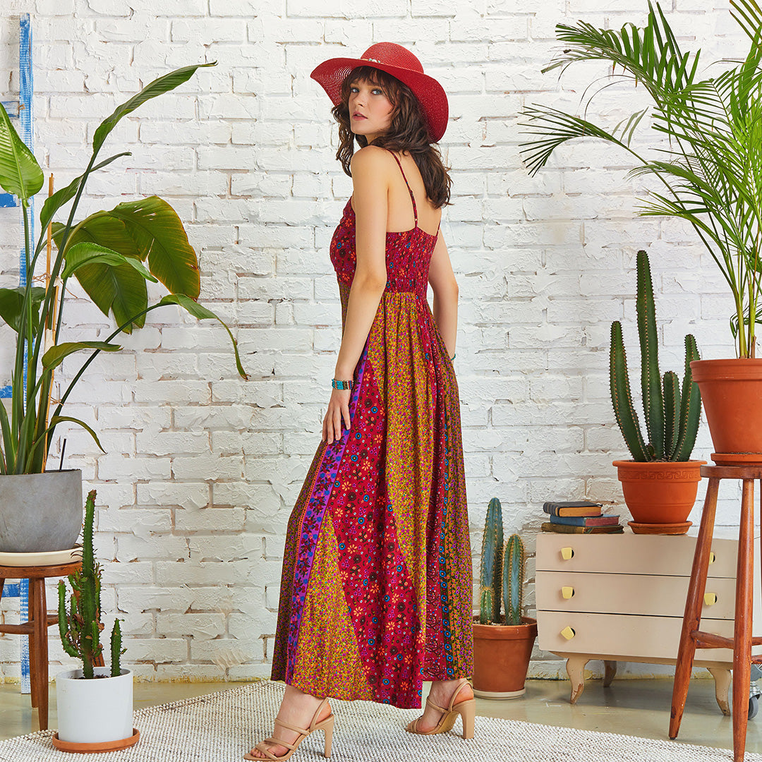 Strappy Floral Print Patchwork Maxi Dress