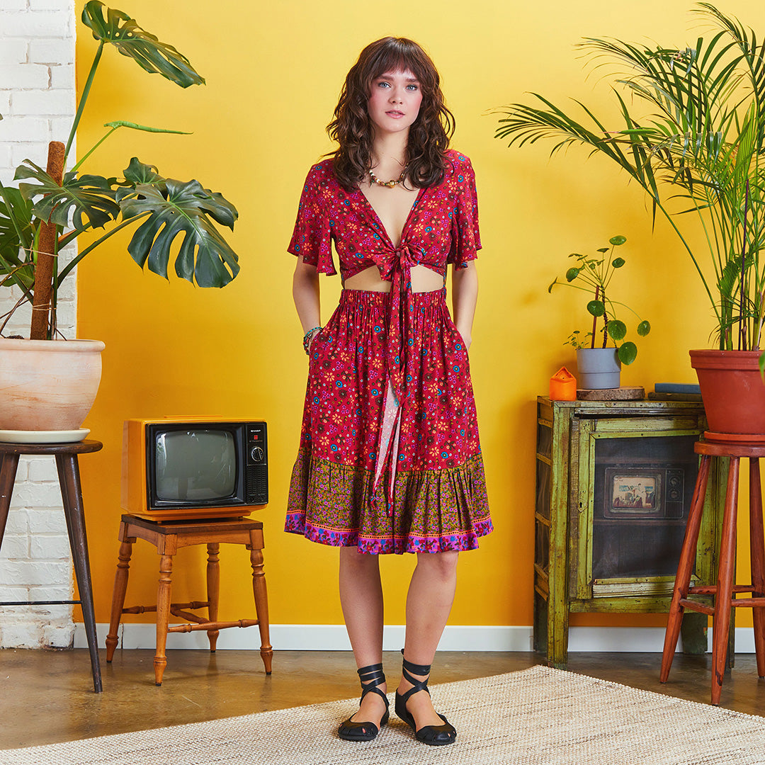 Border Hem Detail Tie Front Red Floral Summer Dress