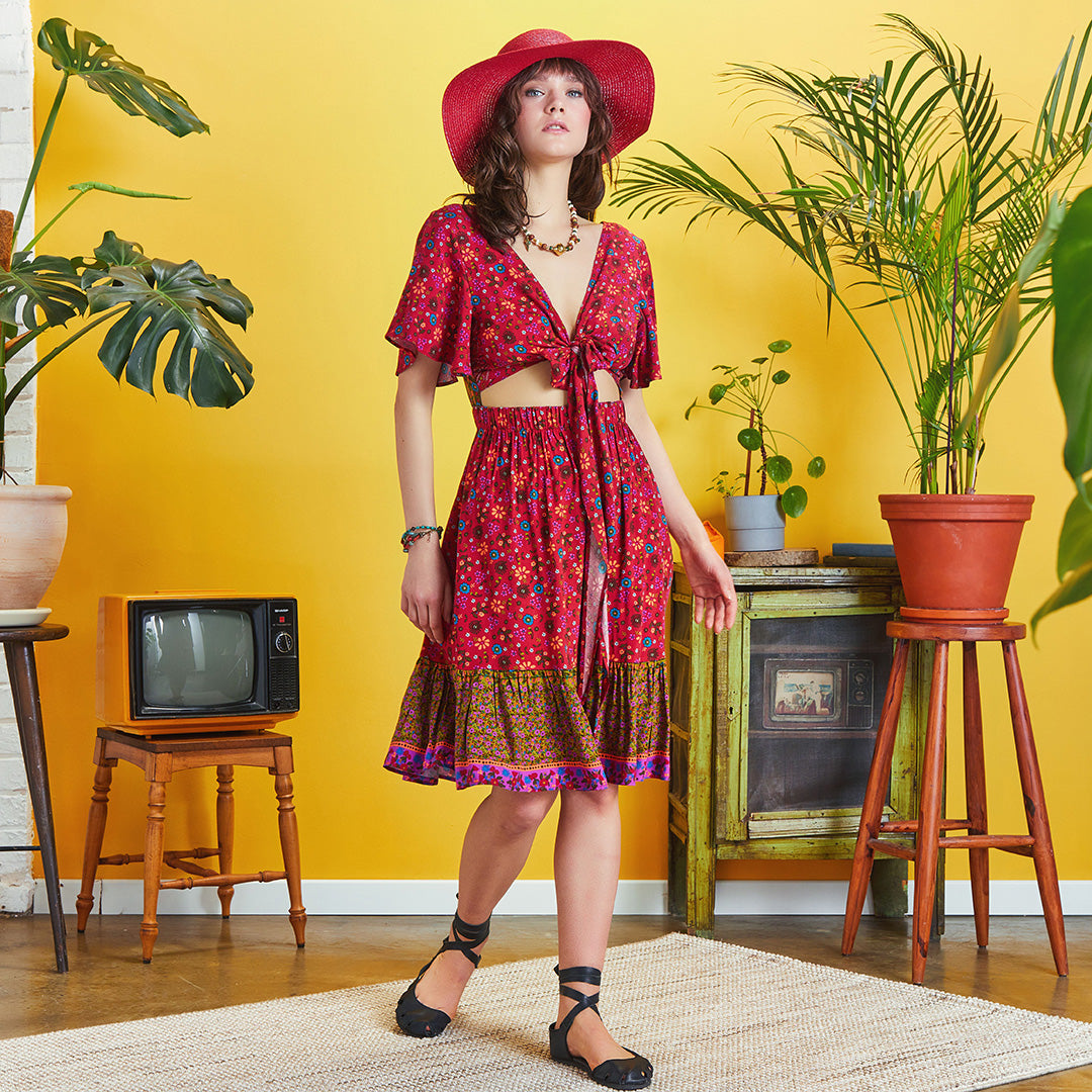 Border Hem Detail Tie Front Red Floral Summer Dress