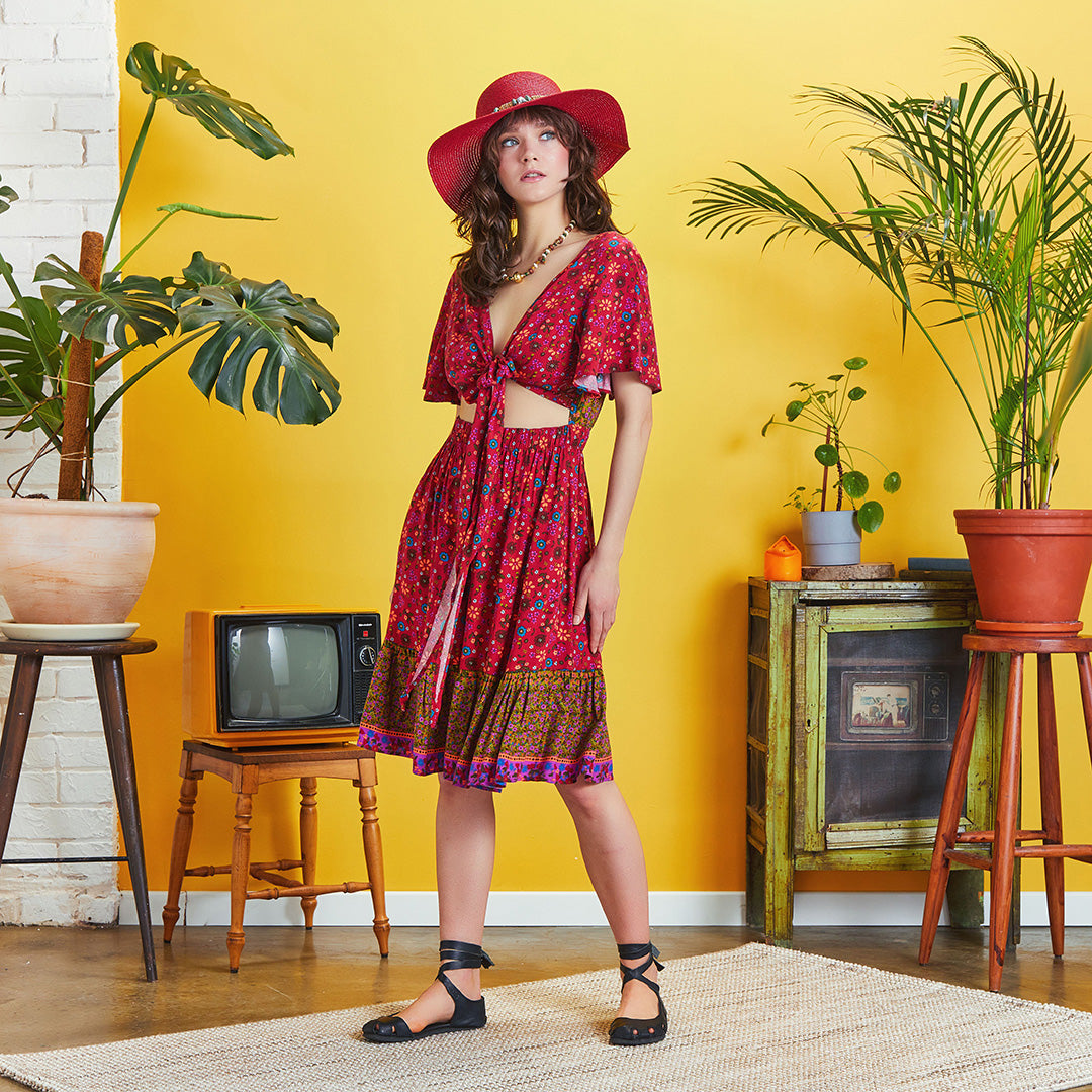 Border Hem Detail Tie Front Red Floral Summer Dress
