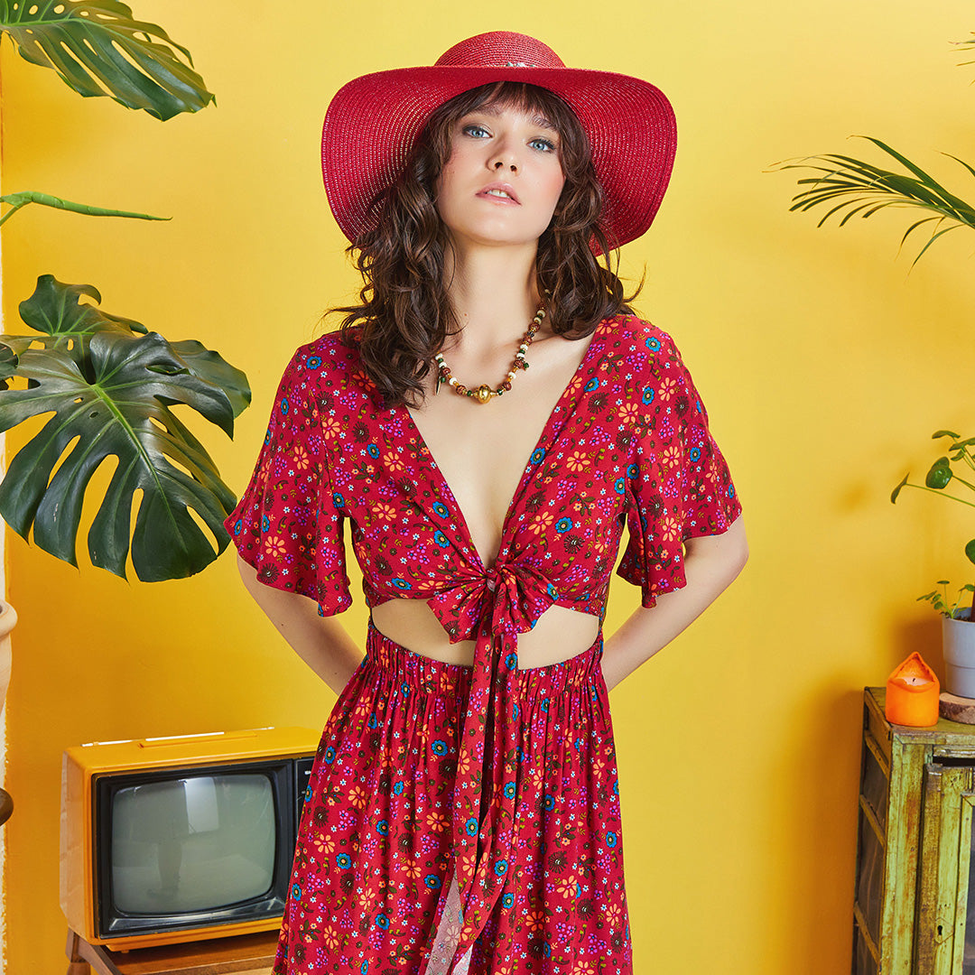 Border Hem Detail Tie Front Red Floral Summer Dress