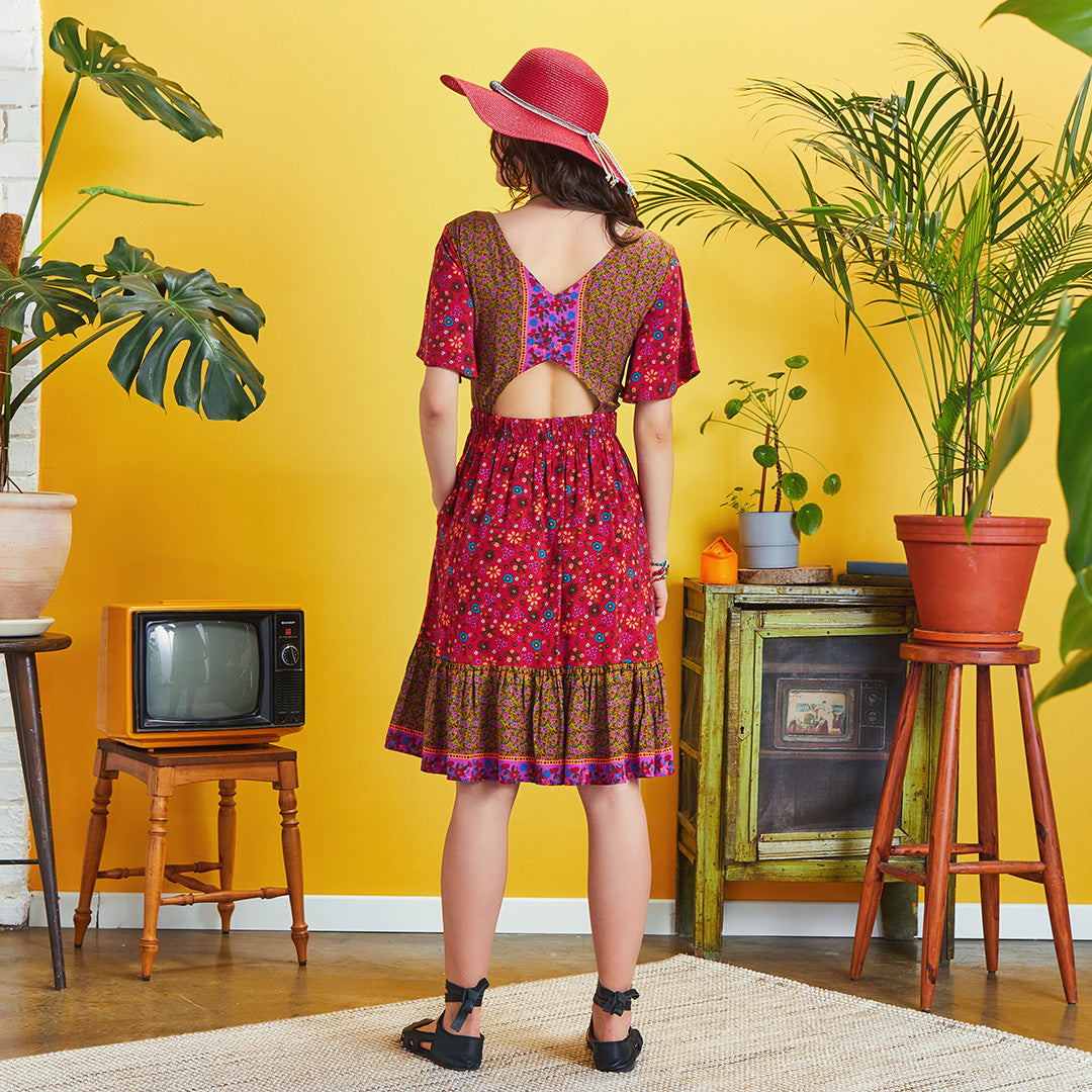 Border Hem Detail Tie Front Red Floral Summer Dress
