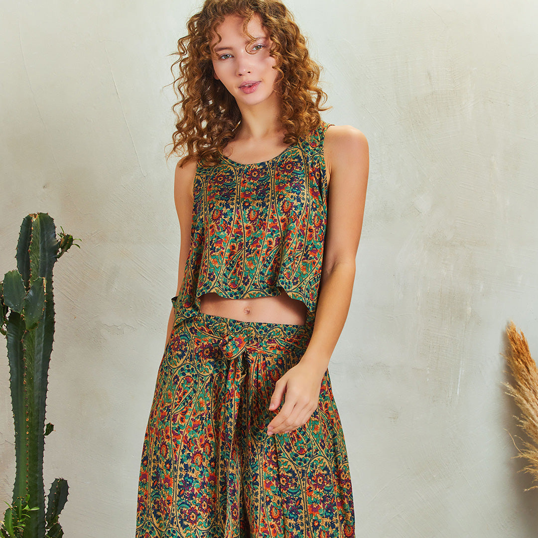Ethnic Print Wrap Front Sleeveless Overall Pants