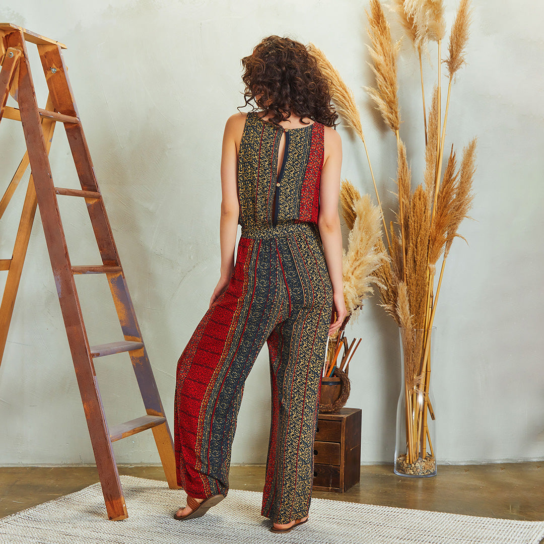 Patch Print Wrap Front Sleeveless Overall Pants