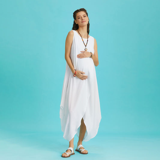 Sleeveless Front Layered White Baggy Maternity Dress
