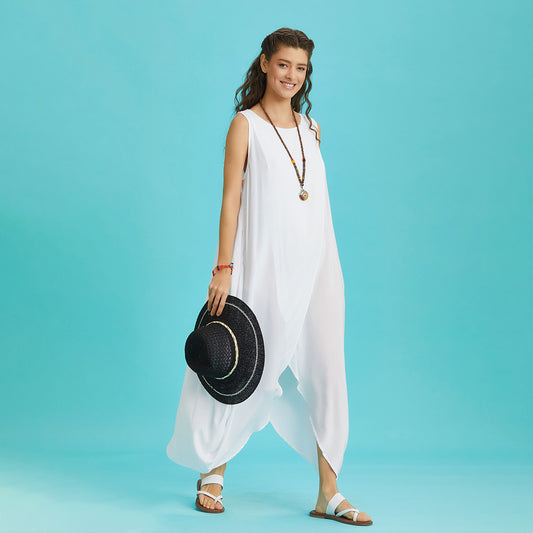 Sleeveless Front Layered White Baggy Summer Dress