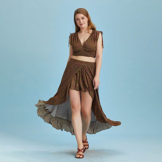 Split Front Frill Hem Print Long Gypsy Plus Size Skirt