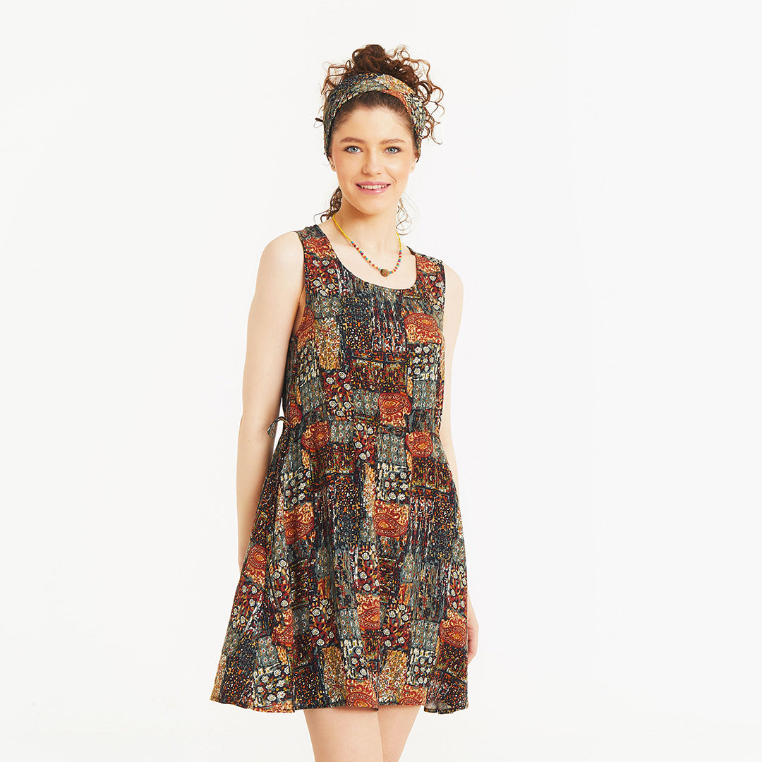 Khaki Print Crew Neck Sleeveless Tie Waist Dress