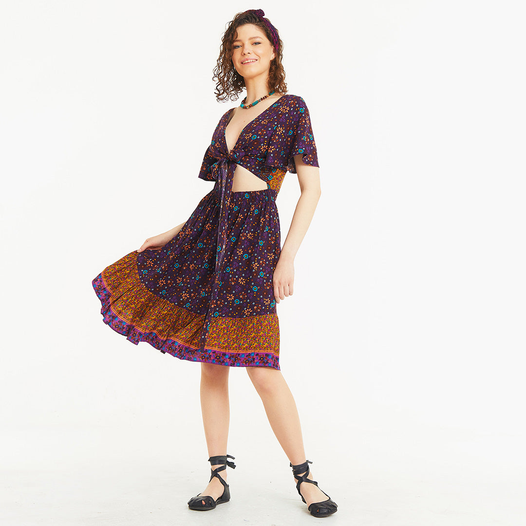 Border Hem Detail Tie Front Purple Floral Summer Dress