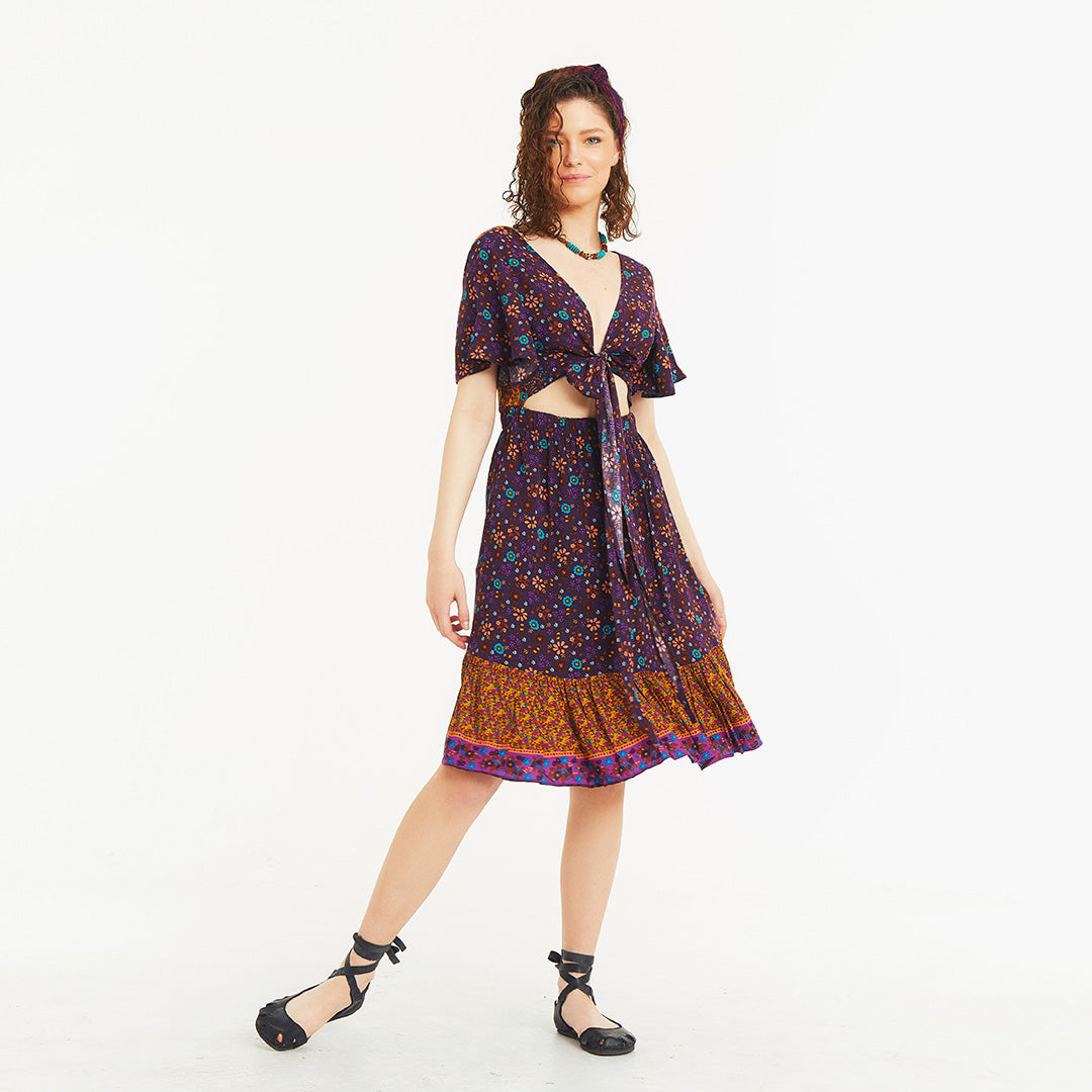 Border Hem Detail Tie Front Purple Floral Summer Dress
