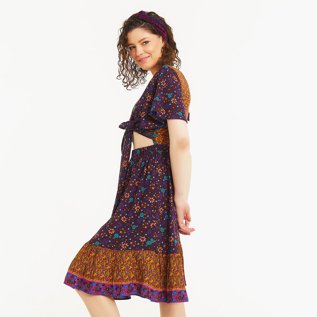 Border Hem Detail Tie Front Purple Floral Summer Dress