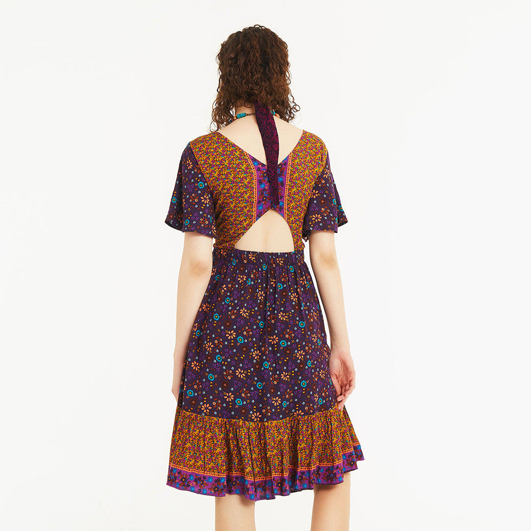Border Hem Detail Tie Front Purple Floral Summer Dress
