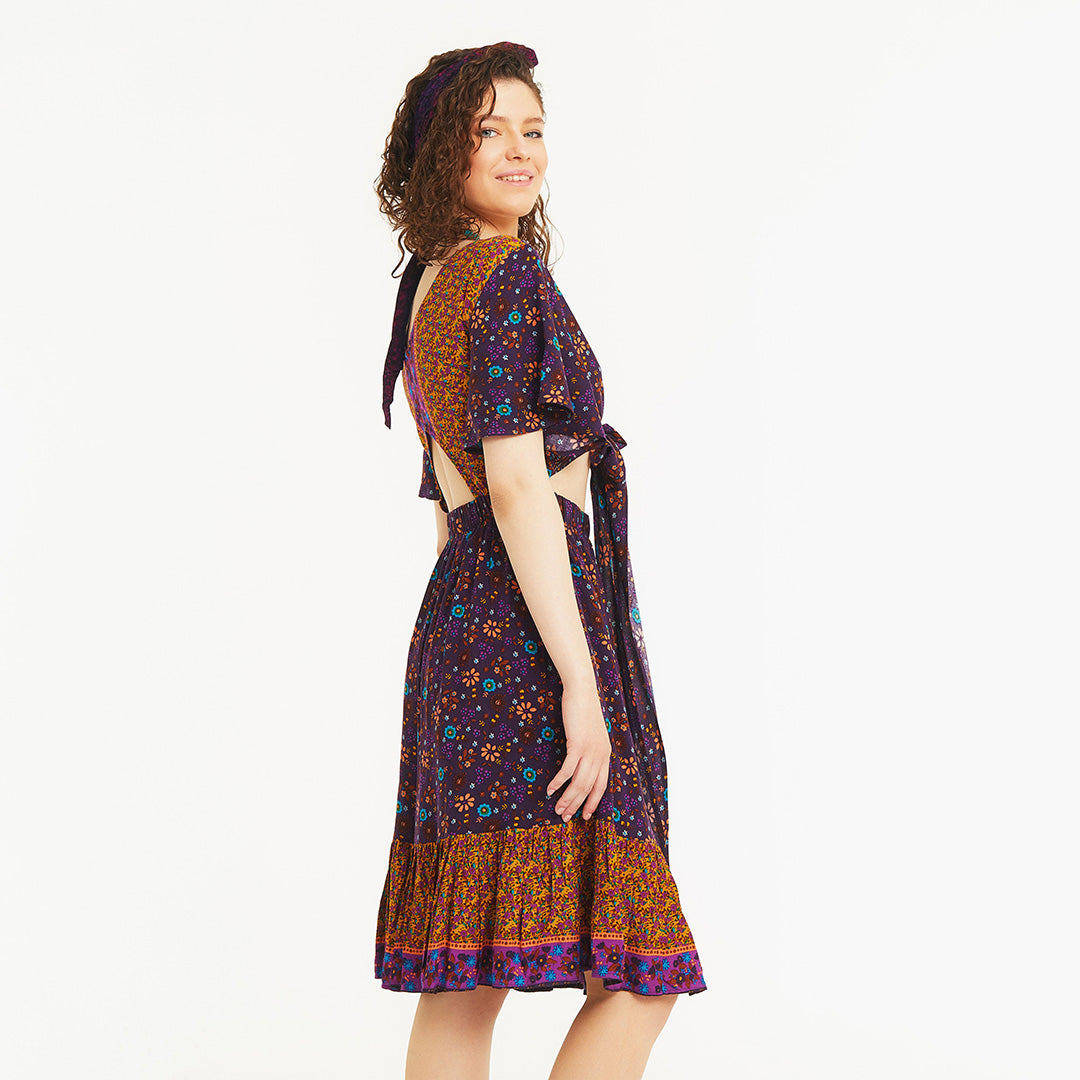 Border Hem Detail Tie Front Purple Floral Summer Dress