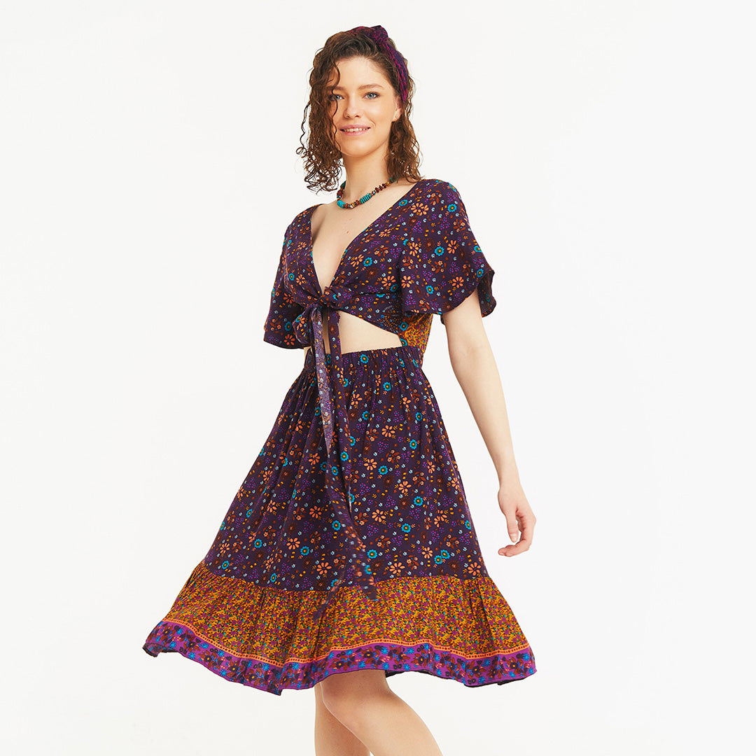 Border Hem Detail Tie Front Purple Floral Summer Dress