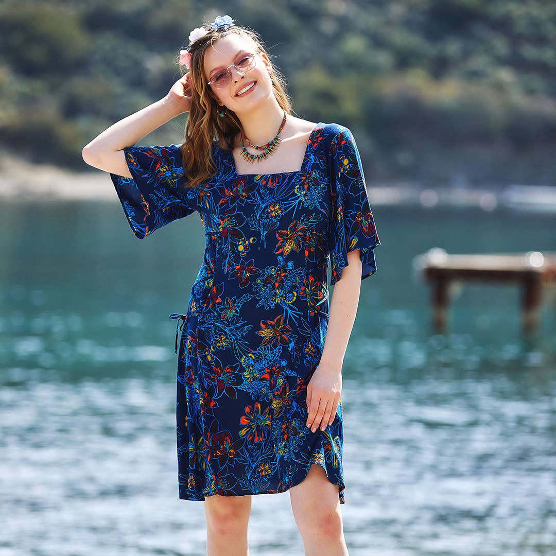 Floral Printed Square Neck Boho Short Dress