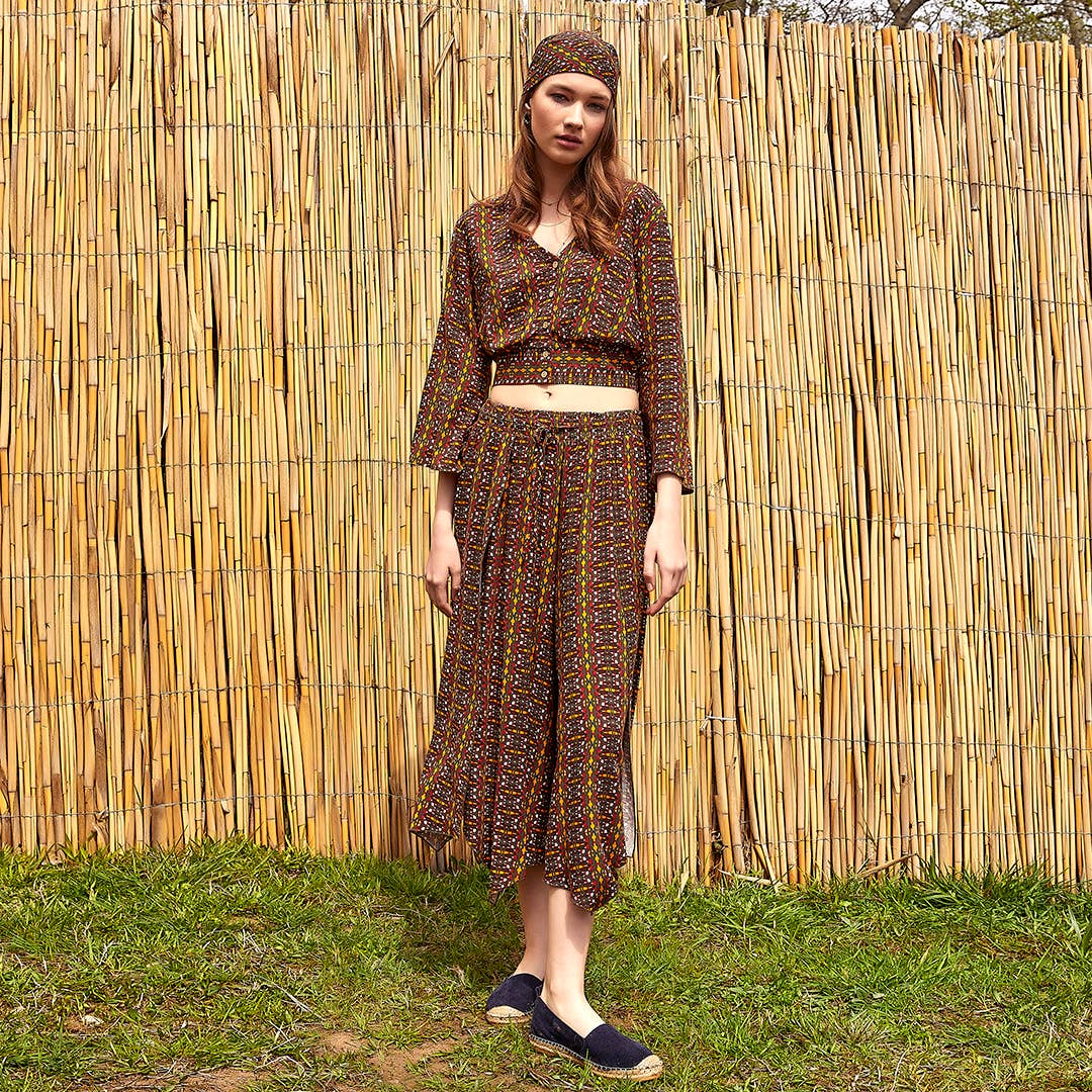 Mustard Patterned Bohemian Split Front Palazzo Pants