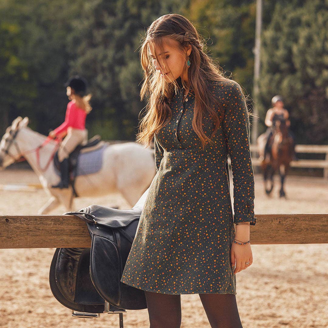Long Sleeve Green Flowers Dress