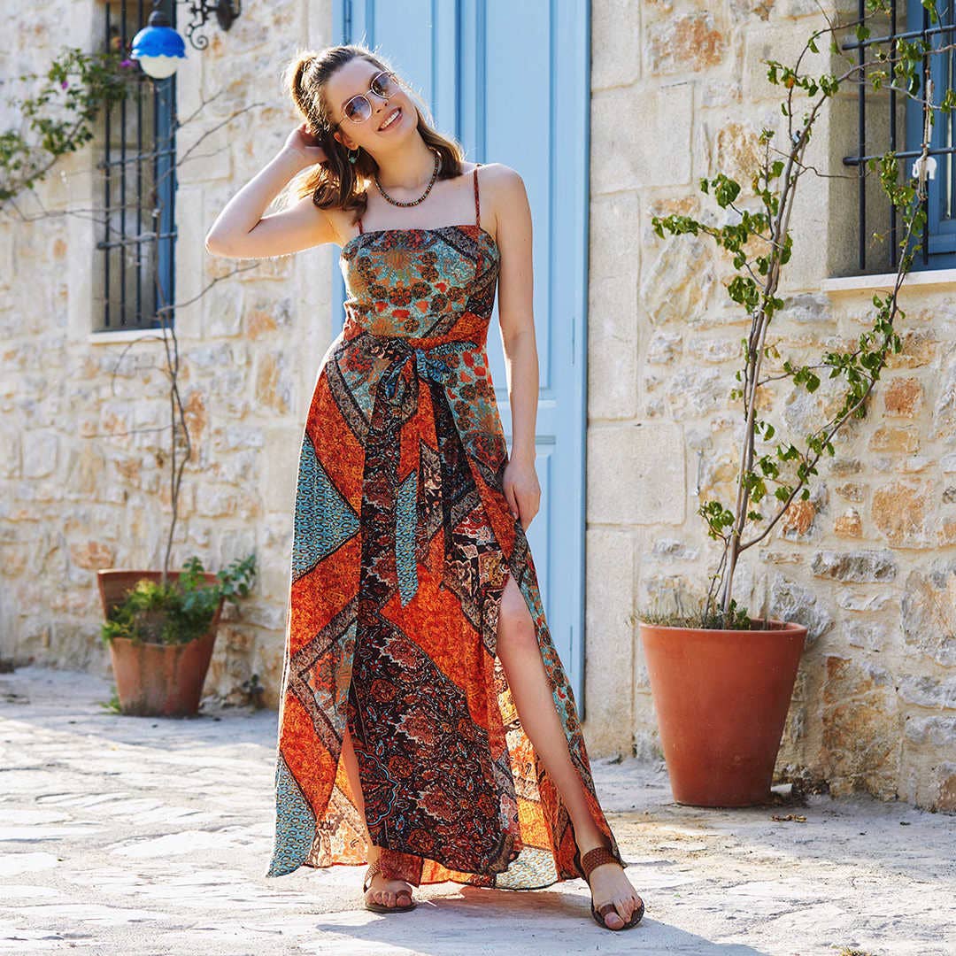 Brown Patterned Strappy Wrap Maxi Dress