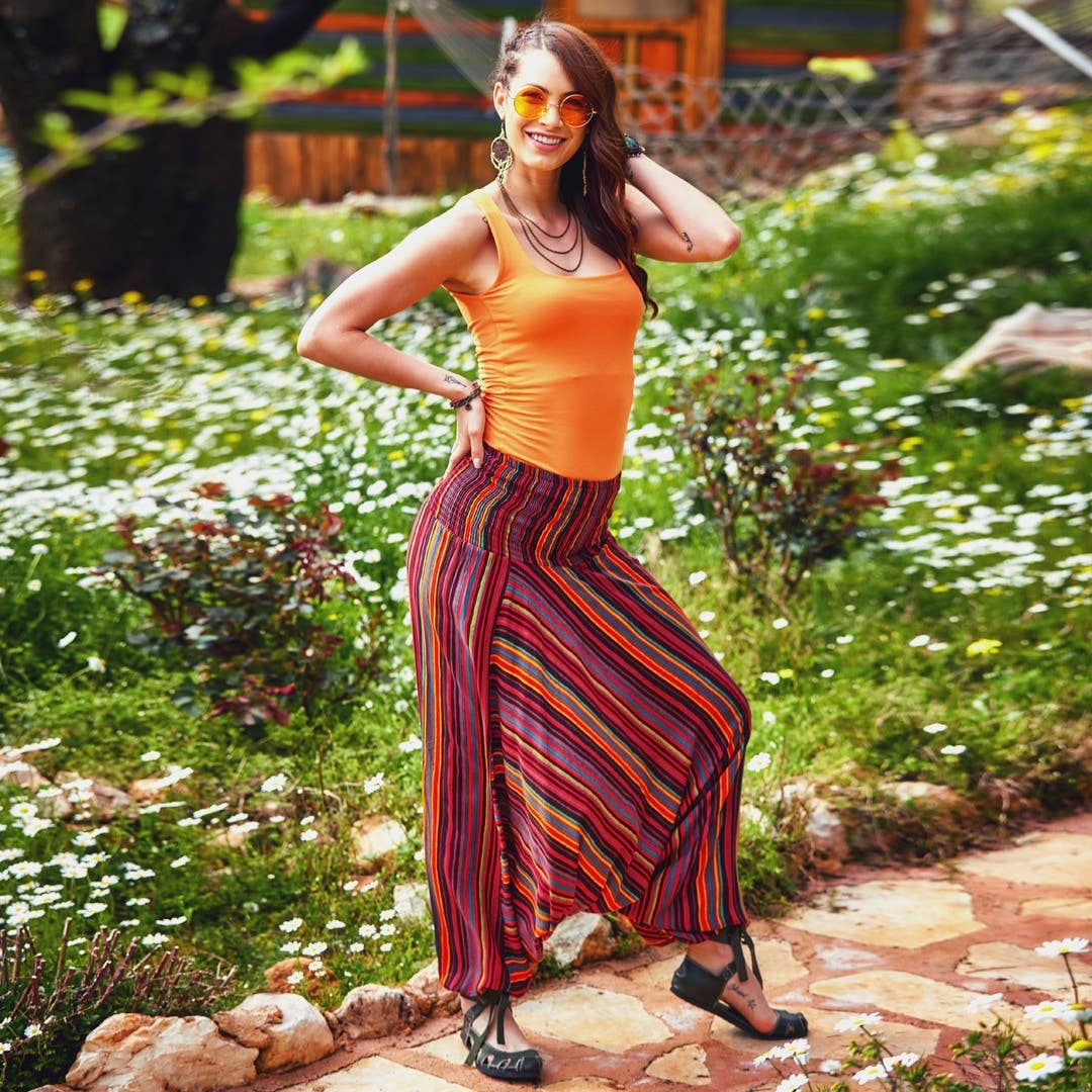 Wide Waistband Hippie Style Wholesale Striped Harem Dress
