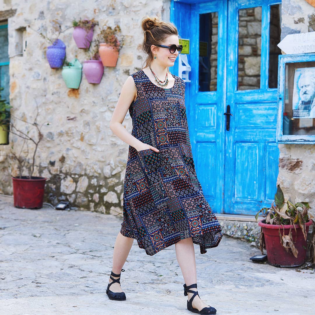 Brown Patterned Bohemian Style Boat Neck Sleeveless Dress