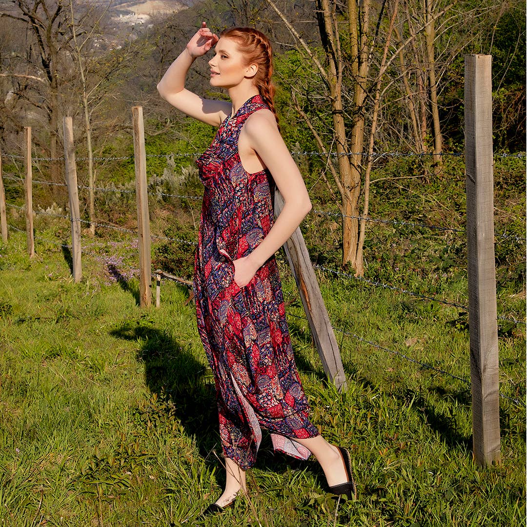 Bohem Authentic Degaje Neck Red Patterned Dress