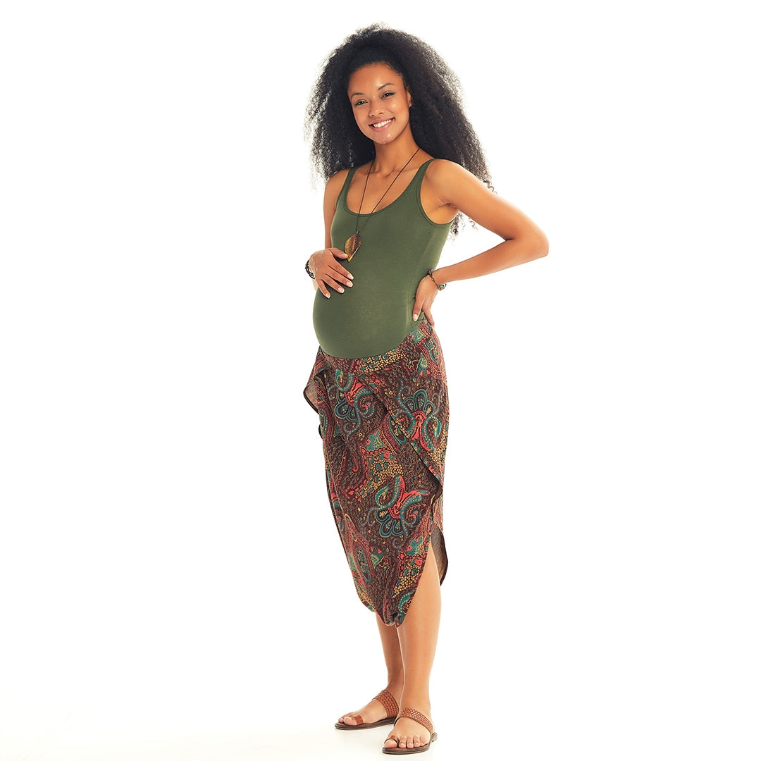 Ethnic Print Low Rise Brown Capri Skirt Maternity Pants