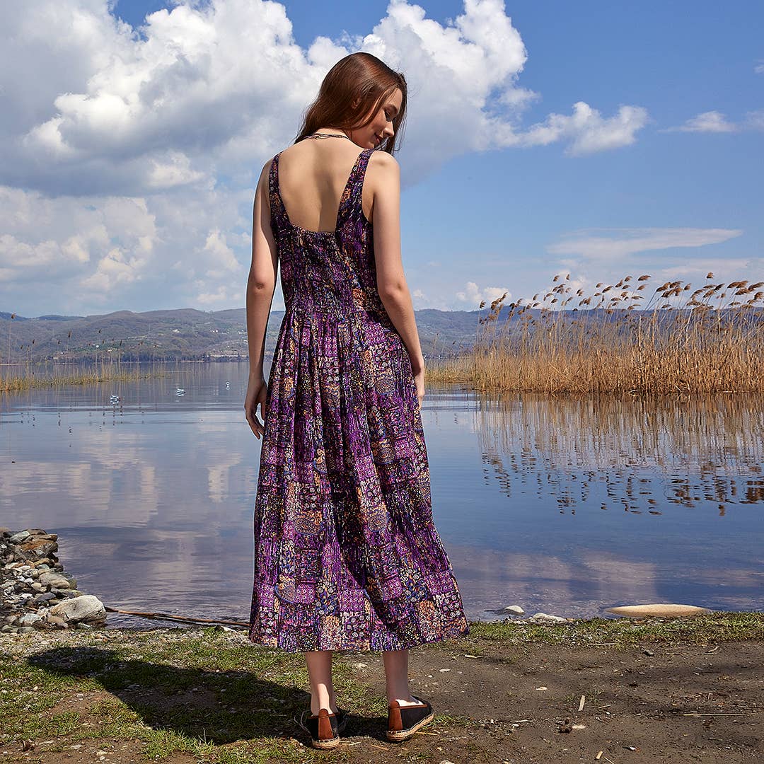 Bohemian Style Buttoned Wide Strap Long Purple Dress